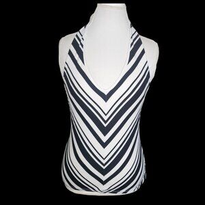 Y2K Halter Top Black White Diagonal Stripes Shelf Bra Stretchy Sz L Fashion Bug